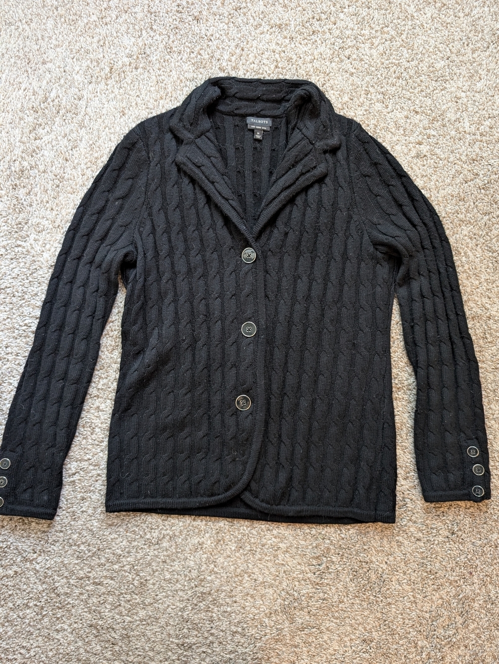 Talbots Black Cable-Knit Shawl-Collar Cardigan Merino Wool Women's‎ M, Academia